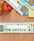 36 Piece Classroom Name Plates For Desks With Alphabet And Math Labels, colorful manuscript design on classroom desk