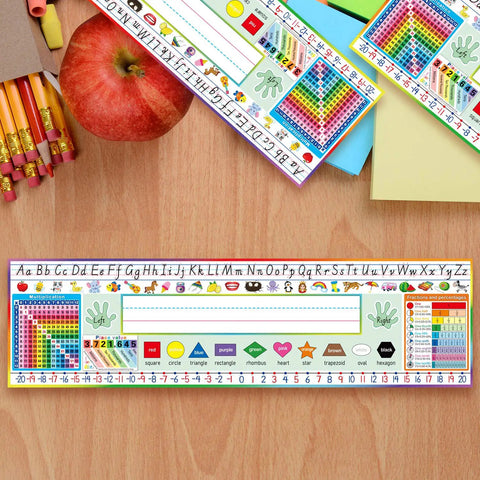 36 Piece Classroom Name Plates For Desks With Alphabet And Math Labels, colorful manuscript design on classroom desk