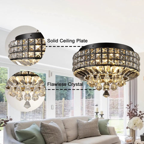 Dope Black K9 Crystal Flush Mount Chandelier 4 Light Ceiling Fixture with metal round shade installed in living room