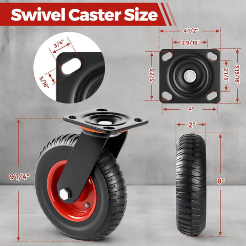 8 Inch Heavy Duty Solid Rubber All Terrain Caster Wheels Set Of 4 With 2200 Lb Capacity Industrial Plate Casters size diagram