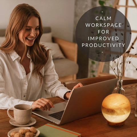 Person working on laptop next to a Dual Illumination Himalayan Salt Lamp Round Globe In Pink White Gray With Dimmable Adjustable Glow Cozy Ambient Night Light Real Himalayan Crystal Salt Authentic From Khewra Mine For A Chill Vibe on a table, creating a tranquil ambiance.
