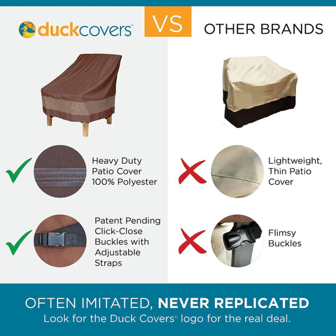 Comparison of Duck Covers heavy-duty patio cover with other brand’s thin cover, highlighting material and buckles quality.
