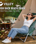Low Beach Chair With High Back Foldable And Lightweight For Outdoor Use at a campsite with woman relaxing, in Vintage Green Leaves