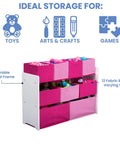 Deluxe Multi Bin Toy Organizer With 9 Bins In White And Pink For Toddlers Ages 3 To 6 Kid Friendly Design Easy Assembly Sturdy Wood And Fabric Build Keeps Playroom Neat And Safe Space Saving Storage Solution