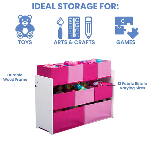 Deluxe Multi Bin Toy Organizer With 9 Bins In White And Pink For Toddlers Ages 3 To 6 Kid Friendly Design Easy Assembly Sturdy Wood And Fabric Build Keeps Playroom Neat And Safe Space Saving Storage Solution