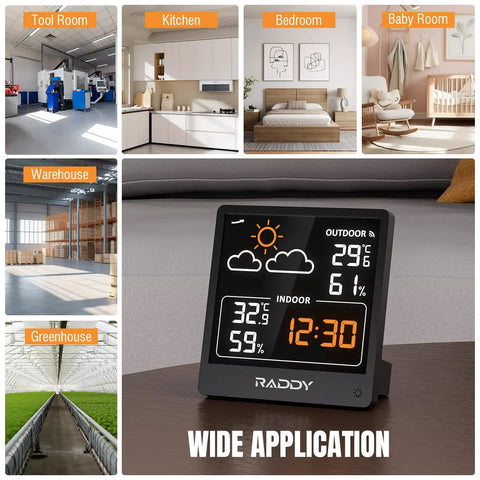 Indoor Outdoor Thermometer and Hygrometer Wireless Weather Station With 5-Inch VA Display showing temperature and humidity readings.