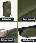 Ultra Lightweight Camping Hammock Underquilt For 3 Season Insulation In OD Green, 20D Nylon Shell with Features Displayed