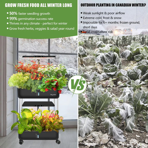 44 Pod Indoor Hydroponic Grow System With Dual 53W Full Spectrum LEDs, 10 Liter Water Tank vs outdoor winter planting.