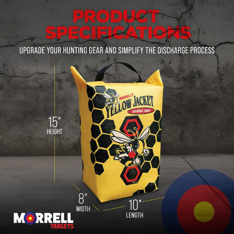 Yellow Jacket Rugged Weather Resistant Archery Discharge Target Bag showing dimensions and design details.