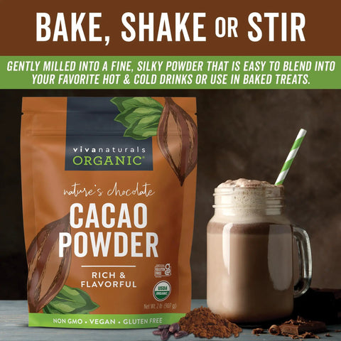 Totally Rich Dark Cacao Powder Unsweetened 2 Lb For Baking Smoothies And Hot Chocolate with mug and cocoa on table
