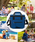 Nautical Style Insulated Cooler Tote for travel and picnics with families at beach, camping, and picnic scenes displayed around it.