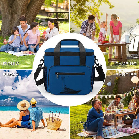 Nautical Style Insulated Cooler Tote for travel and picnics with families at beach, camping, and picnic scenes displayed around it.