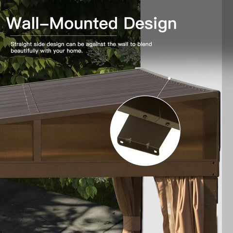 12x16 Ft Lean To Gazebo With Hardtop Roof For Patio And Backyard, Wall Mounted Outdoor Shelter, shown close-up