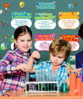 Children conducting experiment with Science Bulletin Board Set With Colorful Lab Cutouts And Scientist Posters in classroom background.