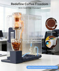 3 In 1 Water Dispenser With Ice Maker And Coffee Brewer Hot Cold And Warm Water On Demand Bullet Ice Ready In Minutes K Cup Pod Compatible Adjustable Water Volume Compact All In One For Home And Office showing brewing process with transparent design.