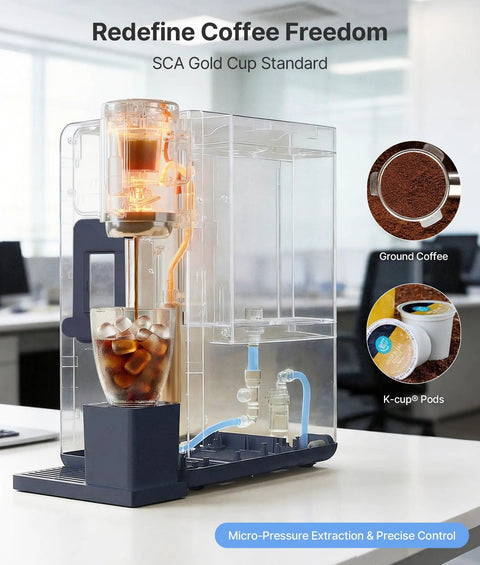 3 In 1 Water Dispenser With Ice Maker And Coffee Brewer Hot Cold And Warm Water On Demand Bullet Ice Ready In Minutes K Cup Pod Compatible Adjustable Water Volume Compact All In One For Home And Office showing brewing process with transparent design.