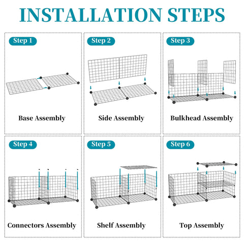 Installation steps for 17 Cube Wire Closet Organizer Storage Shelves The Ultimate DIY Closet System in black metal frame with ABS connectors.