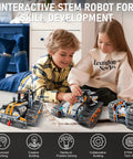 Children playing with 5 In 1 STEM Building Set With LED Lights And App Remote Control Toy Kit 554 Pieces To Build Robots Tanks Snowplows Cannons