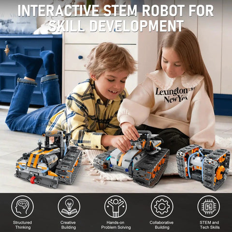 Children playing with 5 In 1 STEM Building Set With LED Lights And App Remote Control Toy Kit 554 Pieces To Build Robots Tanks Snowplows Cannons