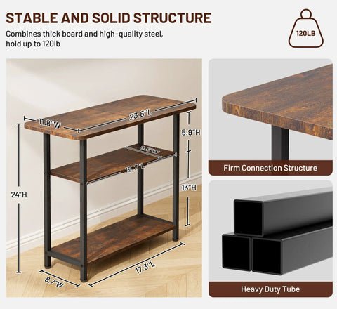 Tiny Footprint 3 Tier End Table With Wide Storage Surface For Small Spaces Rustic Brown Narrow Side Table, dimensions detail