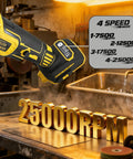 Killer Cordless Die Grinder With One Quarter Inch Precision Chuck And Brushless Motor For Effortless Metal And Wood Polishing Rust Removal Deburring Tool Built Damn Tough For Hella Versatile Shop Tasks on workbench with speed settings.