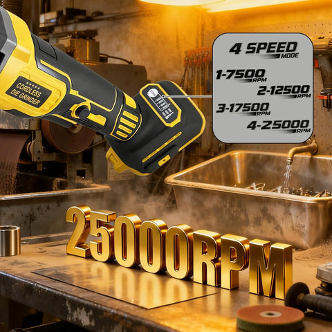 Killer Cordless Die Grinder With One Quarter Inch Precision Chuck And Brushless Motor For Effortless Metal And Wood Polishing Rust Removal Deburring Tool Built Damn Tough For Hella Versatile Shop Tasks on workbench with speed settings.