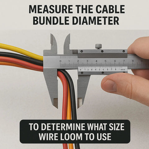 Person measuring wires with caliper for 3/4 Inch Flame Retardant Polypropylene Split Wire Loom Tubing Corrugated Conduit, Black, 100 Feet