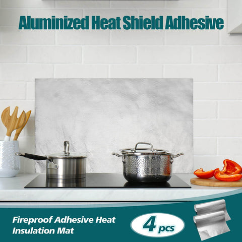 Kitchen with 4-pack aluminized heat shield adhesive mat behind cooking pots, illustrating heat insulation use.