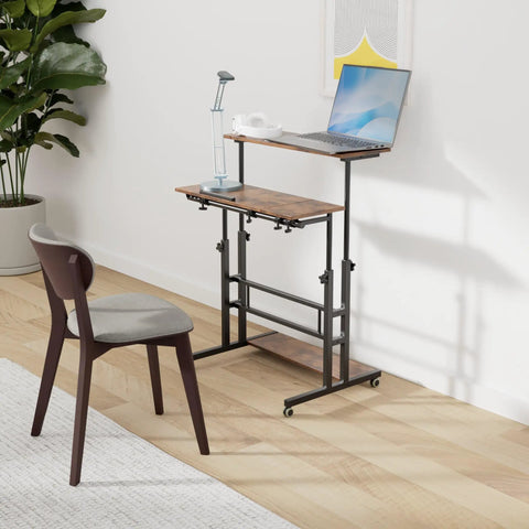 Mobile Standing Desk With Adjustable Height Rolling Desk Stand Up Station For Home Office Portable Laptop Desk On Wheels With Charging Station Rustic Brown in home office setup.