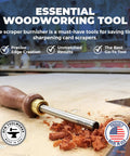 Pro Grade Cabinet Scraper Burnisher Tool With Hard Maple Handle And Super Hard High Speed Steel Rod For Card Scraper Burnishing And Woodworking Projects Made In USA lying on wooden surface with wood shavings