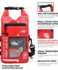Red waterproof first aid kit bag with roll-top closure and transparent window