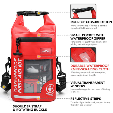 Red waterproof first aid kit bag with roll-top closure and transparent window