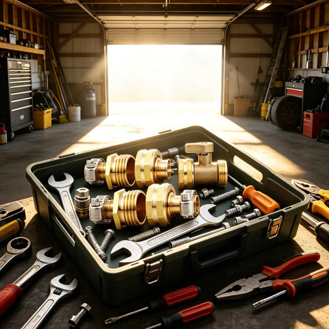 Premium Garden Hose Repair Kit With 3 Male And Female Brass Connectors Plus Stainless Steel Clamps And Gaskets For 5/8 Inch US Thread Hoses Fix Leaks Fast And Keep Your Seasonal Watering Game Strong, brass parts in tool case