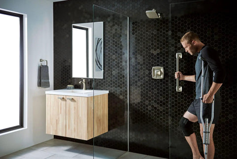 Man using Check Out This Rock Solid Twelve Inch Bathroom Grab Bar In Brushed Nickel Finish On Stainless Steel That Gives You Awesome Support Up To Five Hundred Pounds For Top Notch Safety In The Shower Or Bath Ada Compliant Design With One And A Quarter Inch in shower