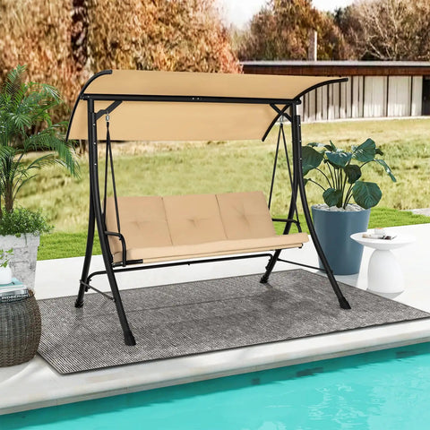 3-Seat Outdoor Porch Swing With Adjustable Canopy And Weatherproof Cover, Thick Cushions And Padded Armrests On A Sturdy Metal Frame