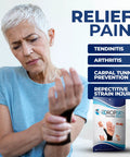 Woman wearing Thumb Brace 4 Pack Waterproof Splints With Gel Pad For Relief with product package in background