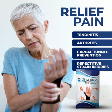 Woman wearing Thumb Brace 4 Pack Waterproof Splints With Gel Pad For Relief with product package in background