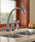 Pilar Kitchen Soap Dispenser For Sinks High Arc Design Arctic Stainless 13 Ounce Refillable Bottle near window view.