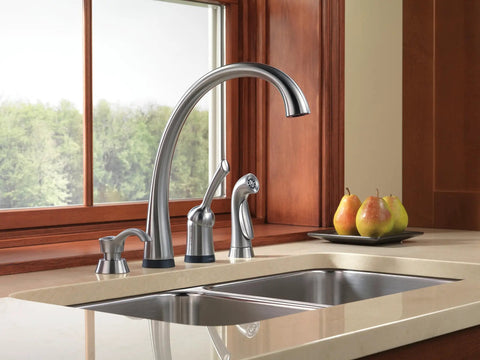 Pilar Kitchen Soap Dispenser For Sinks High Arc Design Arctic Stainless 13 Ounce Refillable Bottle near window view.