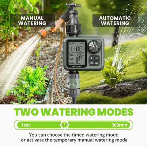 Smart Garden Sprinkler Timer for Hose Systems with Rain Delay and Auto Watering, showing manual and automatic modes.