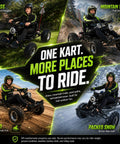 Adult riding 48V Electric All Terrain Go Kart With 20Ah Battery And 4000W Peak Brushless Motor Smooth Power Delivery Hitting 31 Mph Shaft Drive on grass.