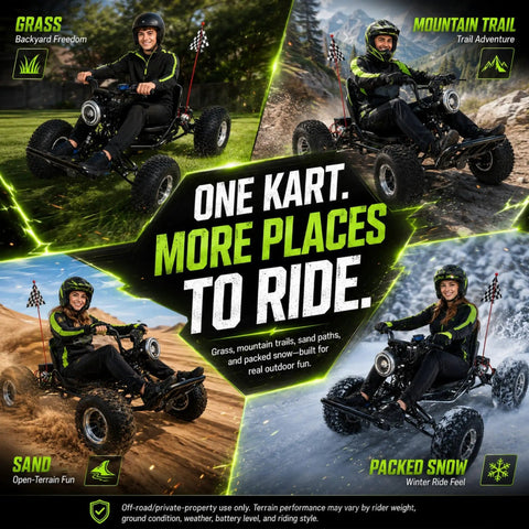 Adult riding 48V Electric All Terrain Go Kart With 20Ah Battery And 4000W Peak Brushless Motor Smooth Power Delivery Hitting 31 Mph Shaft Drive on grass.