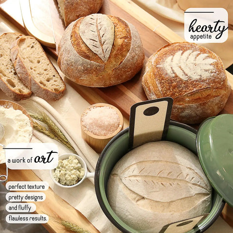 All In One Sourdough Starter Kit With Pot 34 Oz Starter Jar 4 Banneton Baskets Displayed With Freshly Baked Bread
