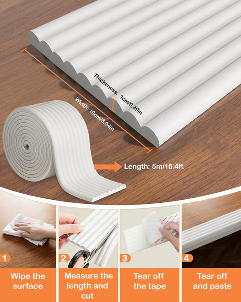 Super Snug W Shape Corner Protectors With Pre Taped Edge Guard For Furniture Safety Kid And Pet Friendly Home Bumper Roll Quick Stick Setup with dimensions.