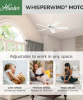 Hunter WhisperWind motor promoting 52 Inch Indoor Ceiling Fan No Light With Pull Chain White 5 Blades Standard Mount in bedroom