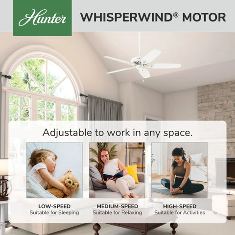 Hunter WhisperWind motor promoting 52 Inch Indoor Ceiling Fan No Light With Pull Chain White 5 Blades Standard Mount in bedroom