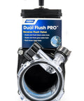 Dual Flush Pro RV Holding Tank Rinser product packaging with reverse flush valve and 3-inch gate valve, universal fit for campers and trailers.