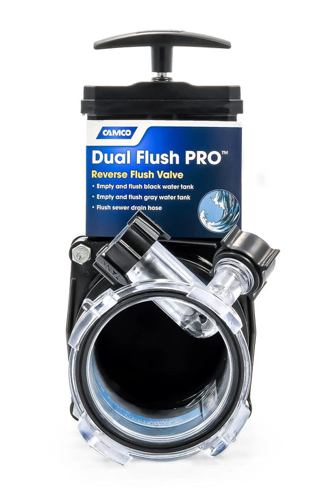Dual Flush Pro RV Holding Tank Rinser product packaging with reverse flush valve and 3-inch gate valve, universal fit for campers and trailers.