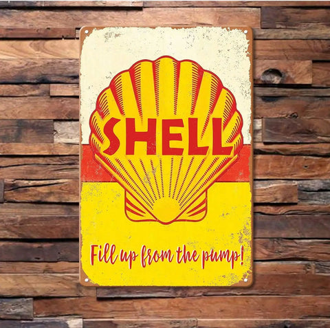 Badass Vintage Metal Tin Signs Retro Garage Wall Decor For Guys classic Shell logo wall art sign, 8x12 inch tin for gas stations.