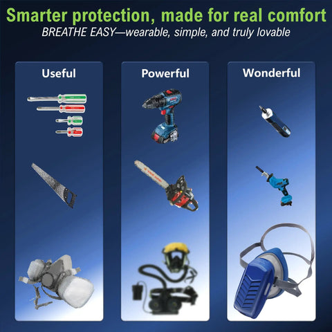 Mini Powered Respirator With Fan Assisted Breathing Boost For Dust And Fumes Letting You Breathe Easy on display with tools